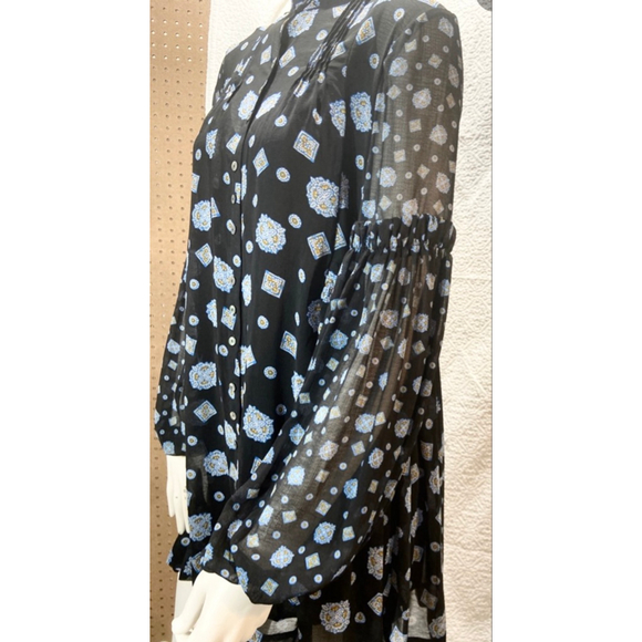 Free People Turn Turn Black Blue Medallion Boho Mini Dress Ruffle Mock Neck XS - Picture 5 of 13